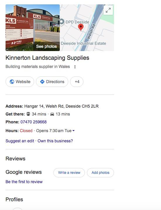 The KLS Business Profile panel in Google search results, with photo, address and reviews