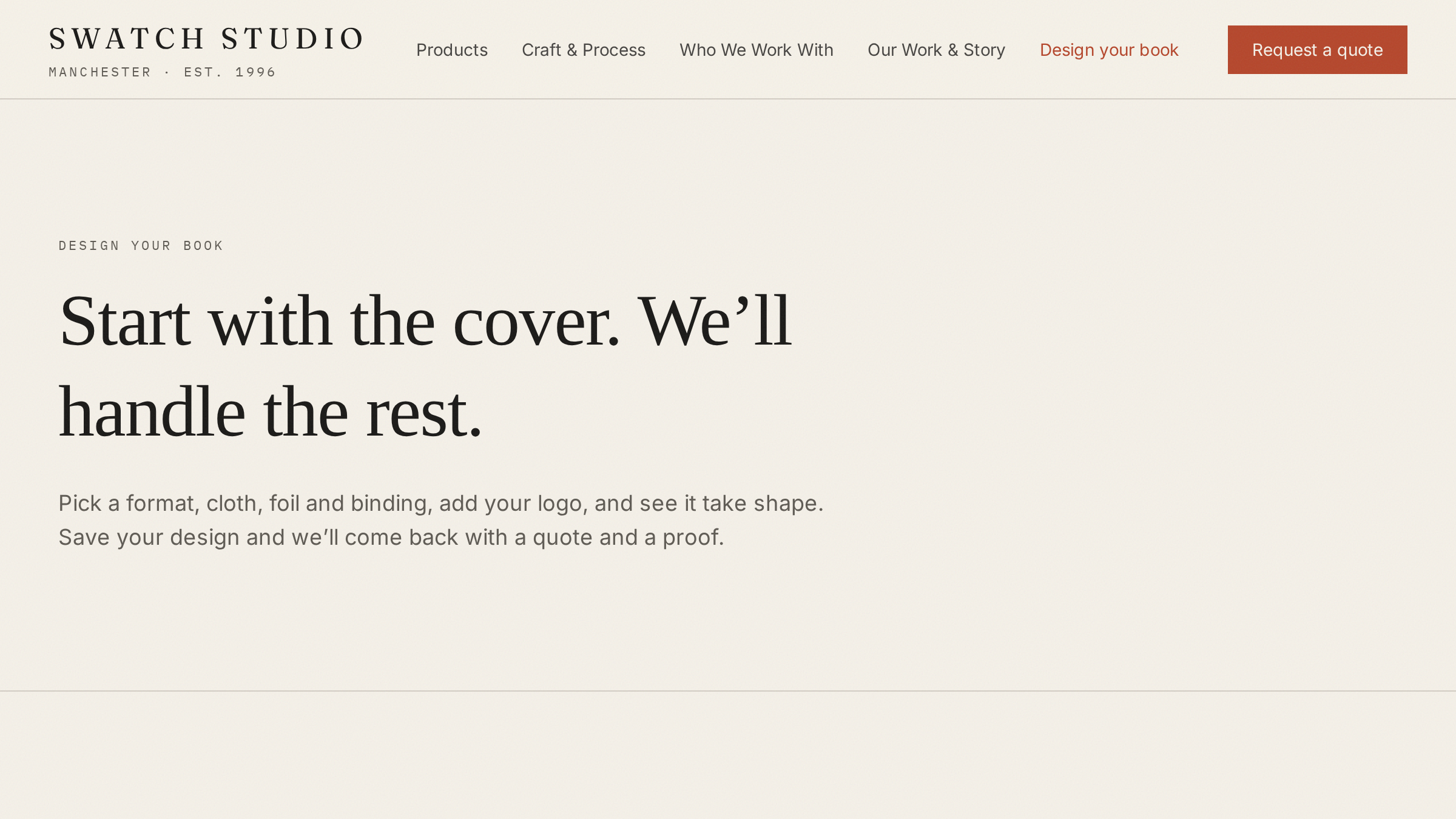 The swatch studio lookbook builder, where a brand designs its own sample book cover
