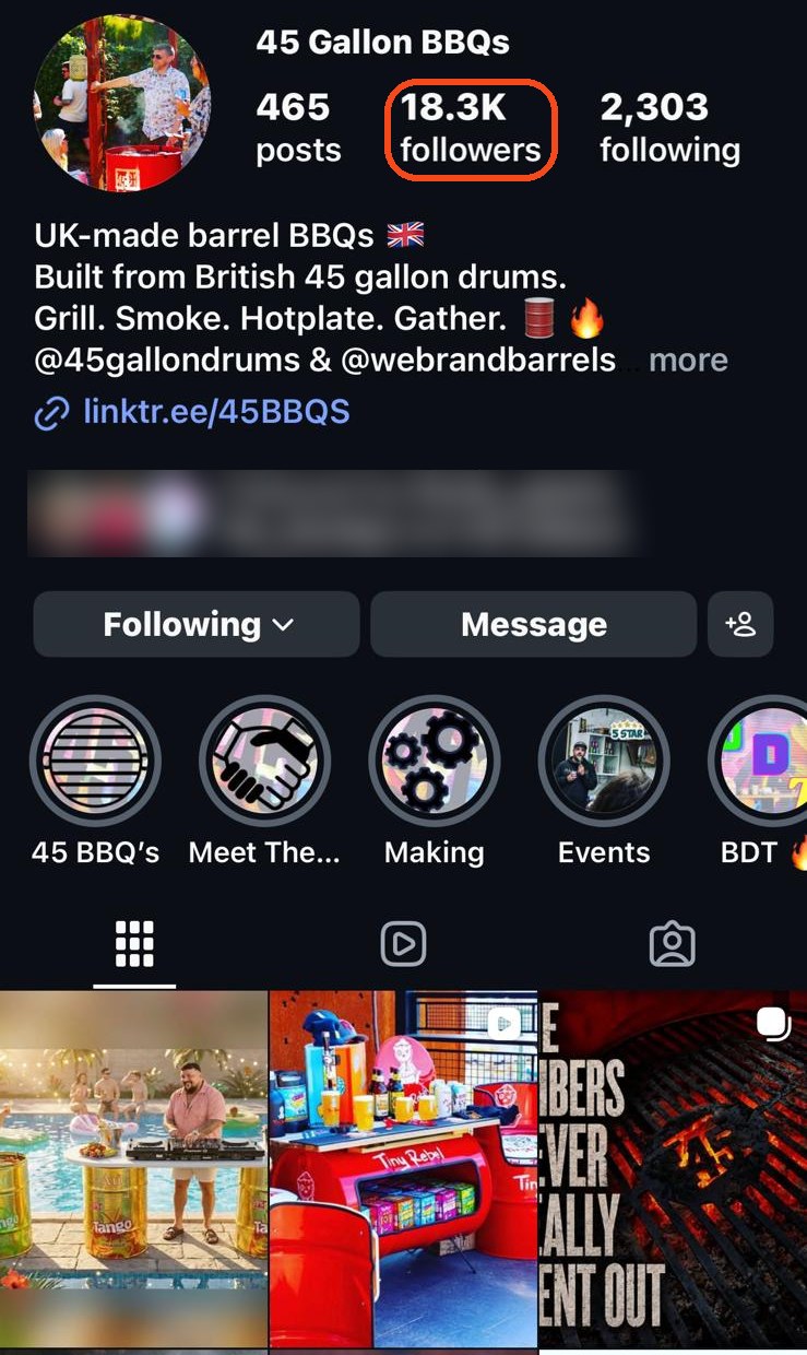 45 BBQs Instagram profile with 18.3K followers circled