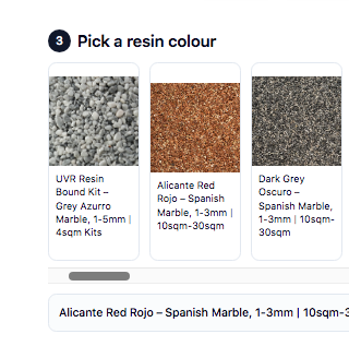 The visualiser step 3: picking a resin colour from real kits, with Alicante Red Rojo selected