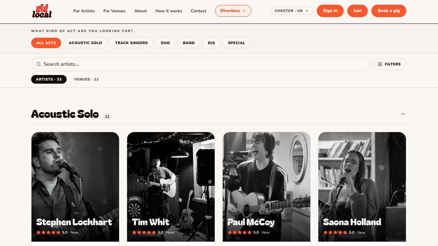 The giglocal artist directory with act-type filters, search and artist cards with ratings