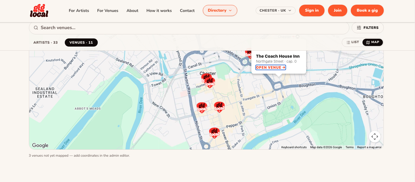 The giglocal venue map of Chester with venue pins and a venue card for The Coach House Inn