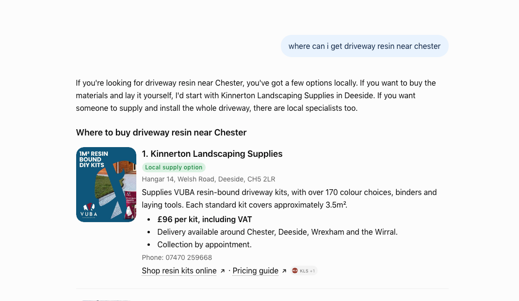 ChatGPT answer listing Kinnerton Landscaping Supplies first for driveway resin near Chester