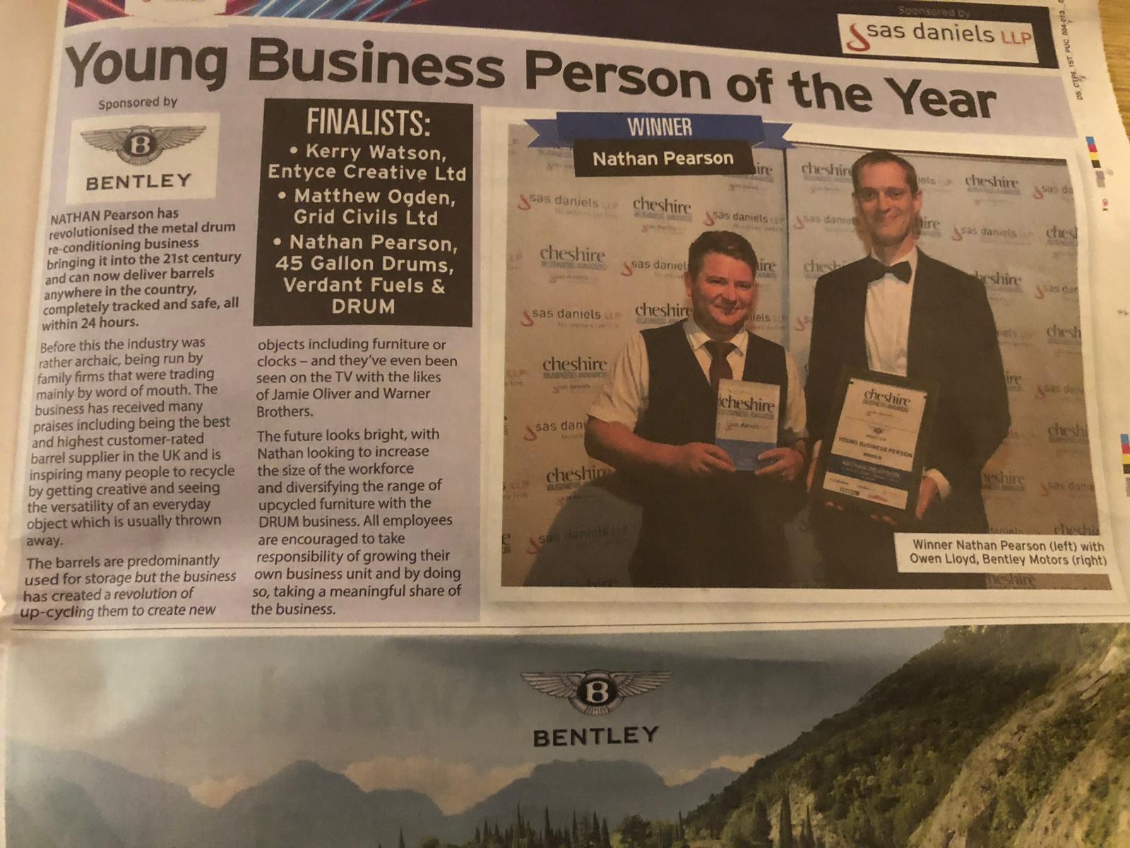 Newspaper clipping naming Nathan Pearson Young Business Person of the Year at the 2018 Cheshire Business Awards