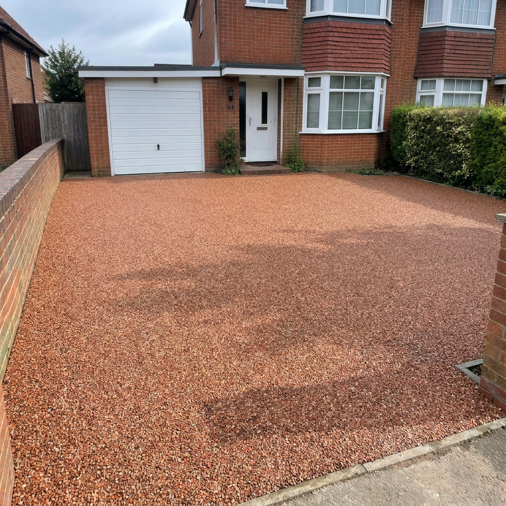 A finished driveway in red-orange resin-bound aggregate in front of a brick house