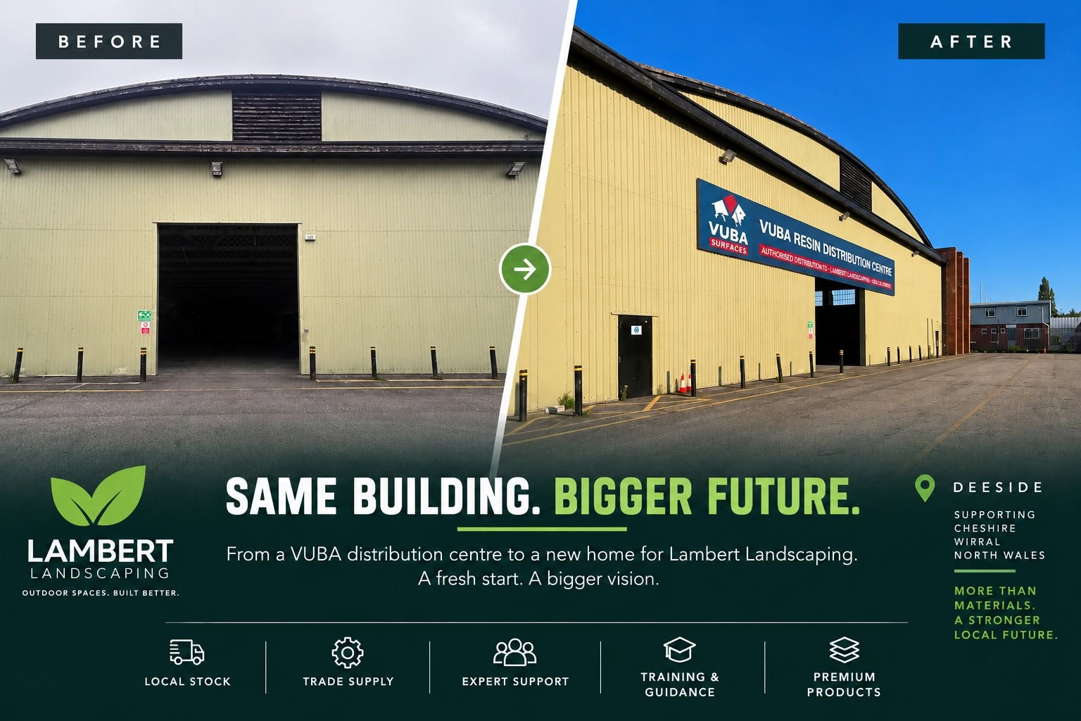 Before photo and proposed exterior concept for the VUBA resin distribution centre in Deeside