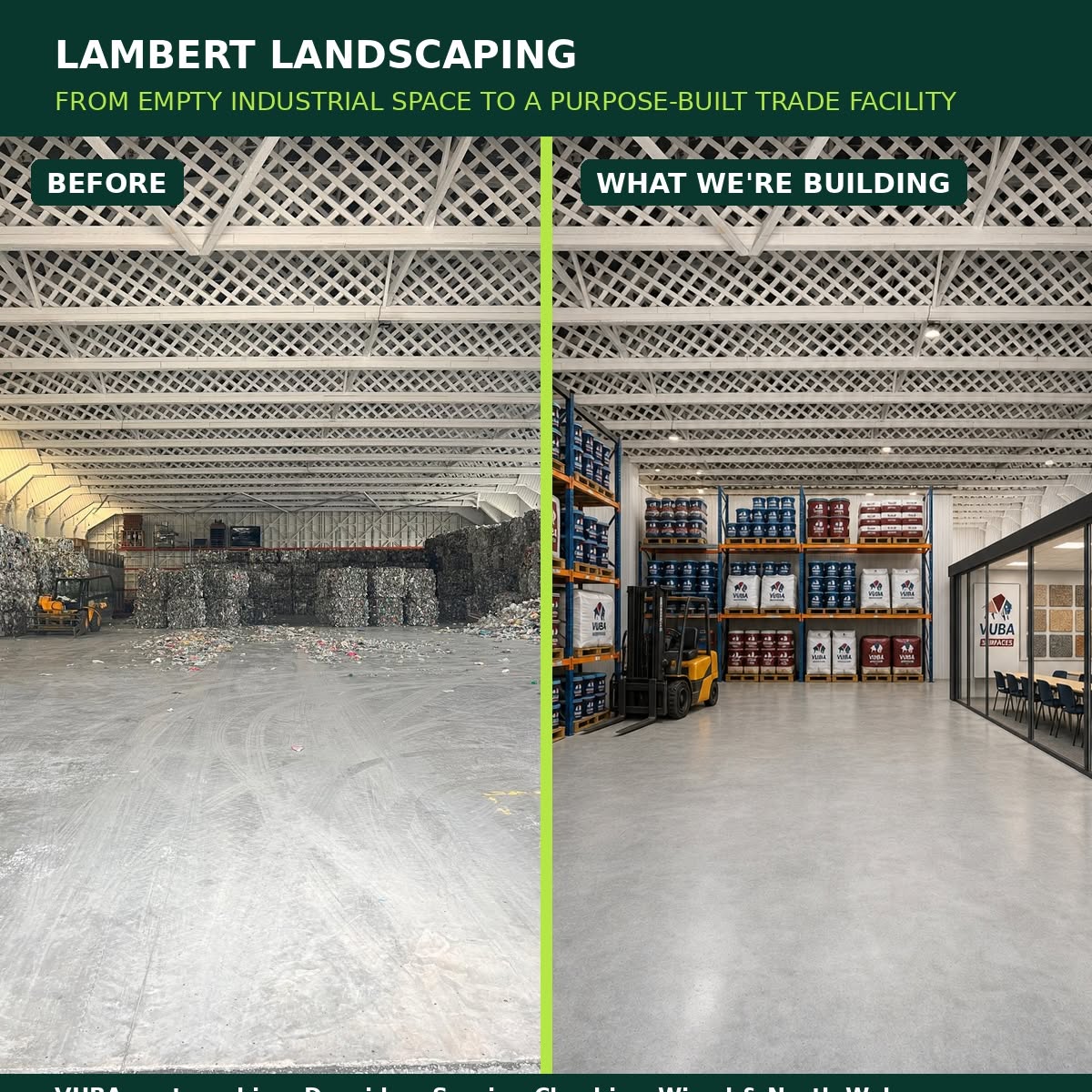 Empty warehouse before photo beside a proposed interior concept for the VUBA trade facility