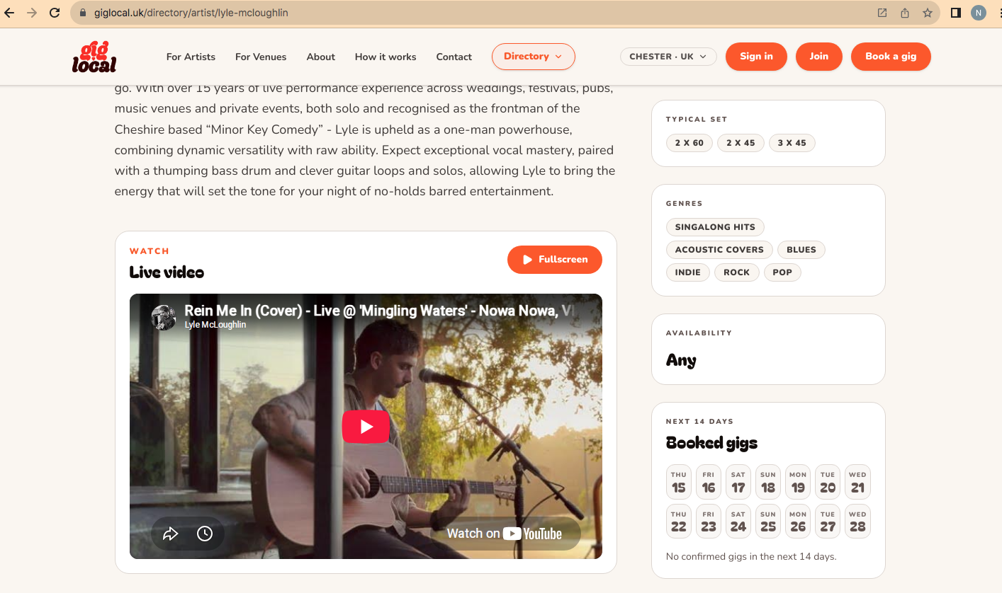 A giglocal artist profile with bio, live video, set lengths, genres, availability and a booked-gigs calendar