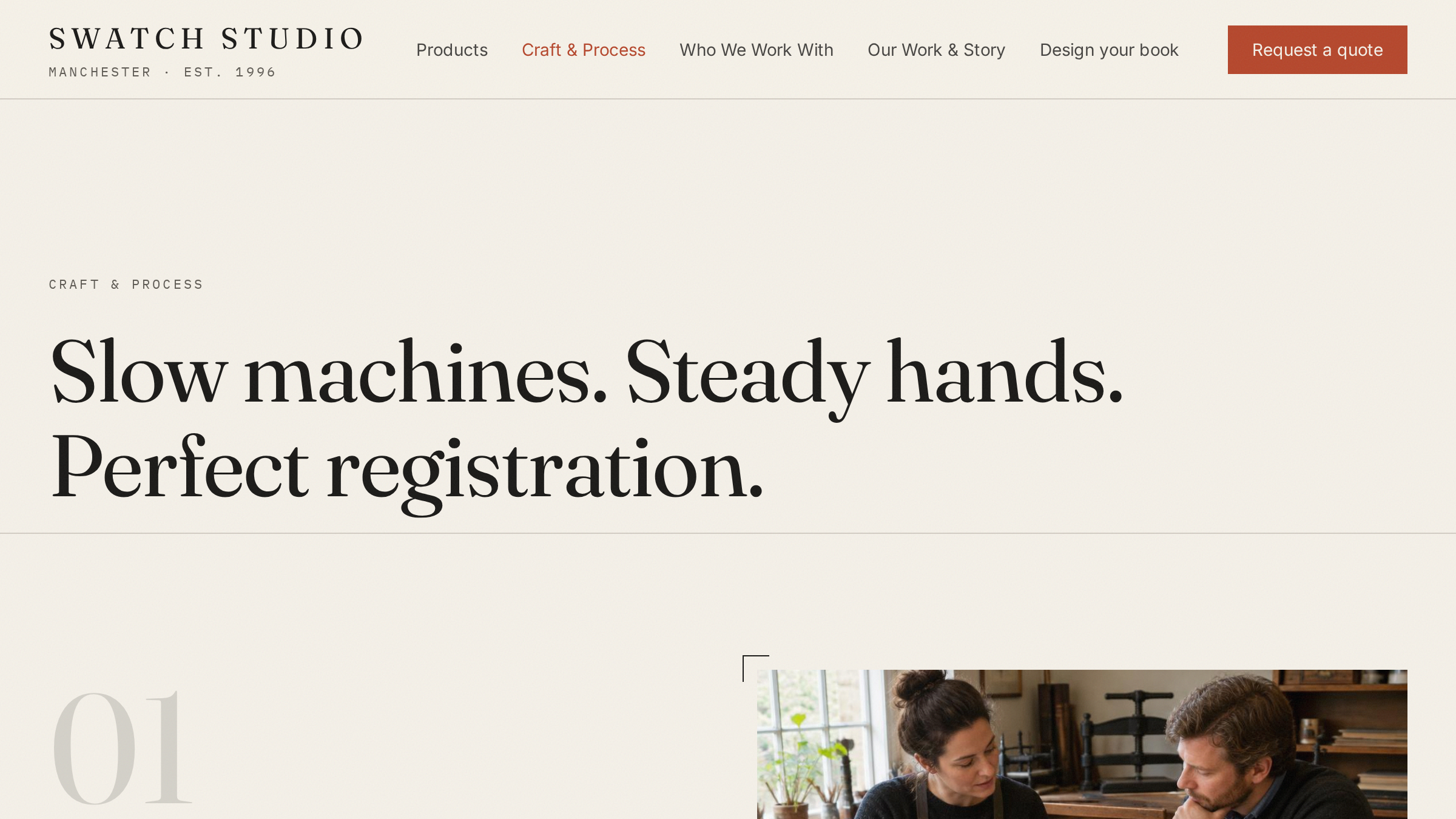 The swatch studio craft and process page — slow machines, steady hands, perfect registration