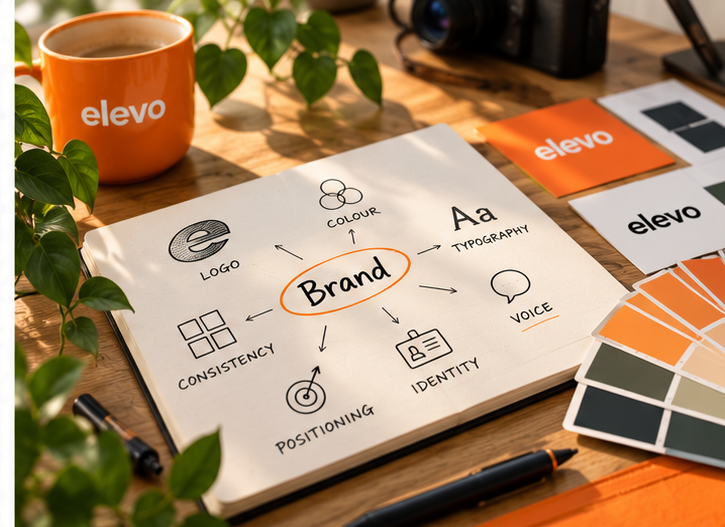 A notebook on a desk with Brand circled in the middle, arrows to Logo, Colour, Typography, Voice, Identity, Consistency and Positioning, an elevo mug and colour swatches