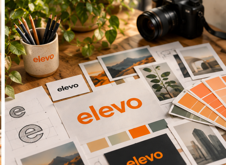 A desk covered in brand work: printed elevo cards, colour swatch fans, photos and the elevo wordmark