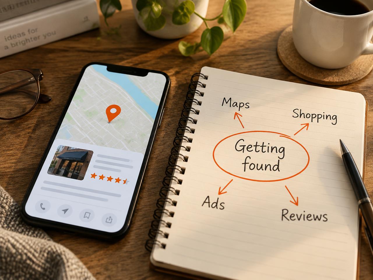 A phone showing a map pin and star reviews beside a notebook with Getting found circled, arrows to Maps, Shopping, Ads and Reviews