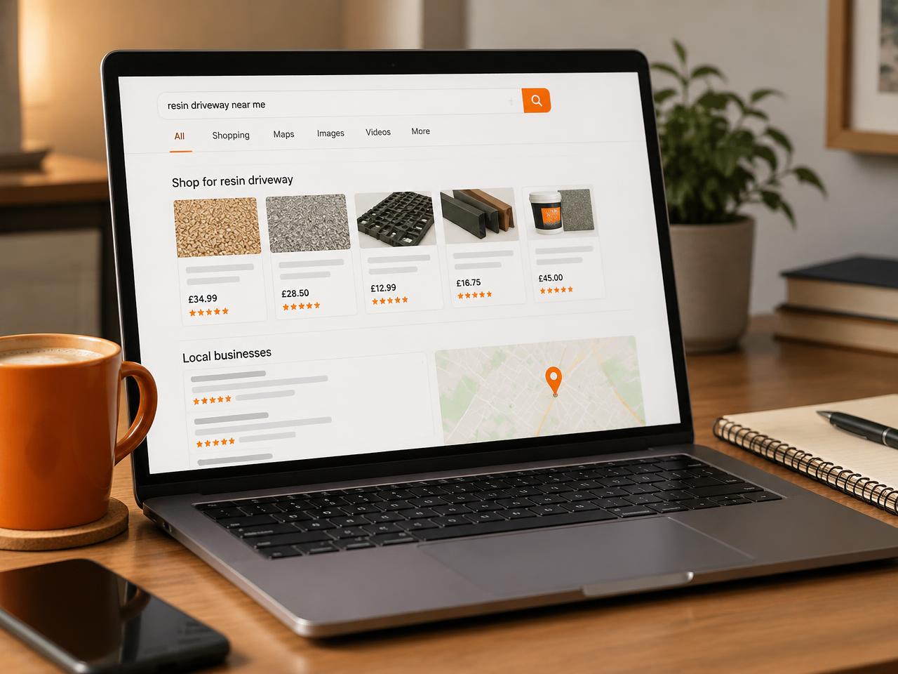 A laptop showing search results with a row of landscaping products and a map listing with an orange pin