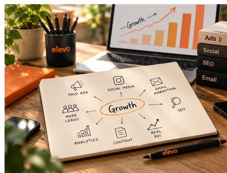 A notebook on a desk with Growth circled in the middle, arrows to Paid Ads, Social Media, Email Marketing, SEO, Analytics and more, beside an elevo mug