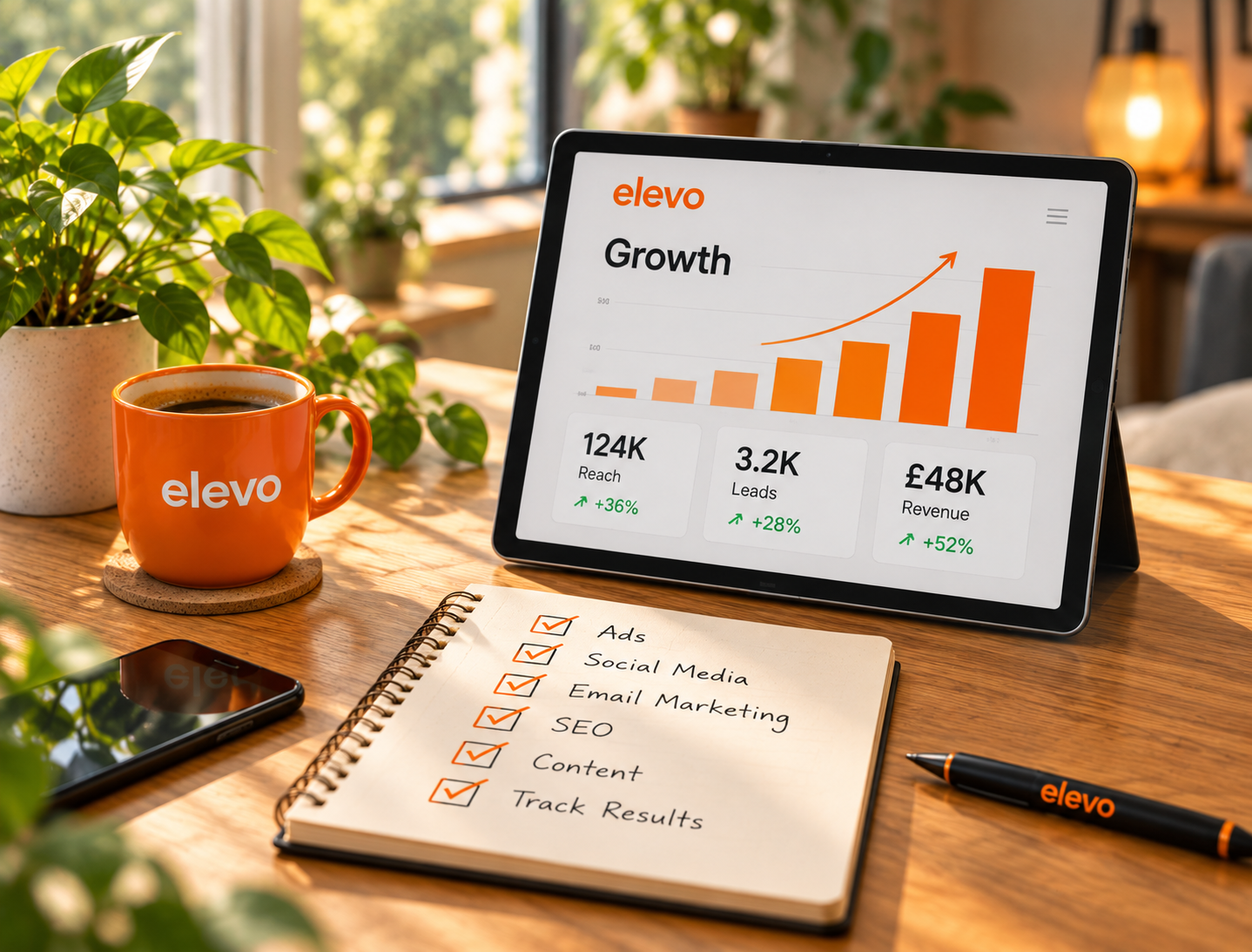 A tablet on a desk showing an elevo Growth dashboard with Reach, Leads and Revenue figures climbing, beside a checklist of Ads, Social Media, Email Marketing, SEO and Content