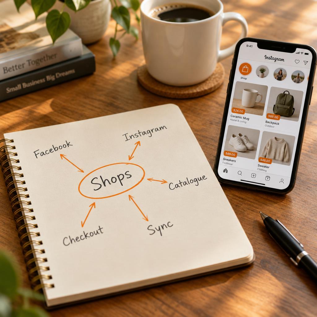 A notebook with Shops circled and arrows to Facebook, Instagram, Catalogue, Sync and Checkout, beside a phone showing a social media shop