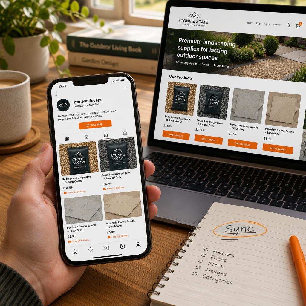 A phone showing an Instagram shop with product cards beside a laptop showing the same products on the website shop