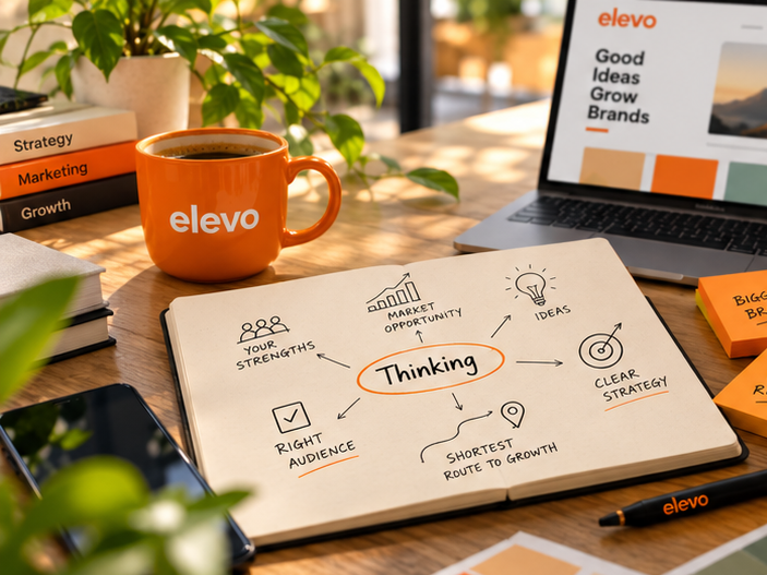 A notebook on a wooden table with a hand-drawn plan around the word Thinking, an elevo coffee mug and a laptop