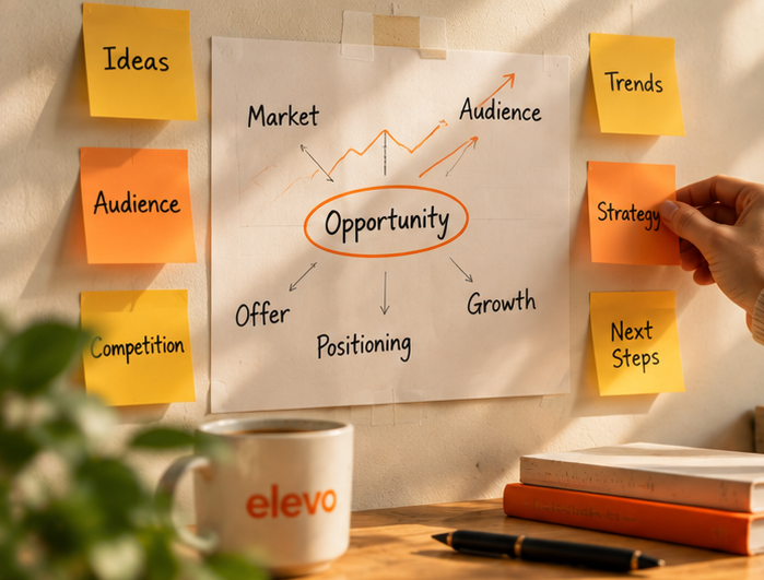 A wall of sticky notes with Opportunity circled in the middle, arrows to Market, Offer, Positioning and Growth