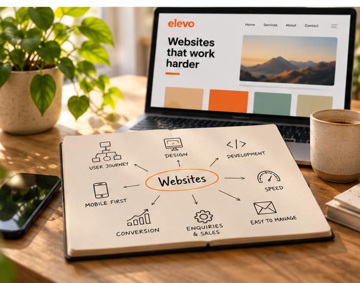 A laptop on a desk showing an elevo website with Websites that work harder on screen, a notebook in front with Websites circled and arrows to Design, Development, Speed and more