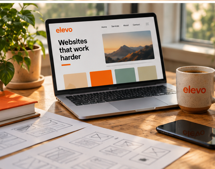 A laptop on a desk showing the elevo website with Websites that work harder on screen, beside an elevo mug, printed wireframes and a phone