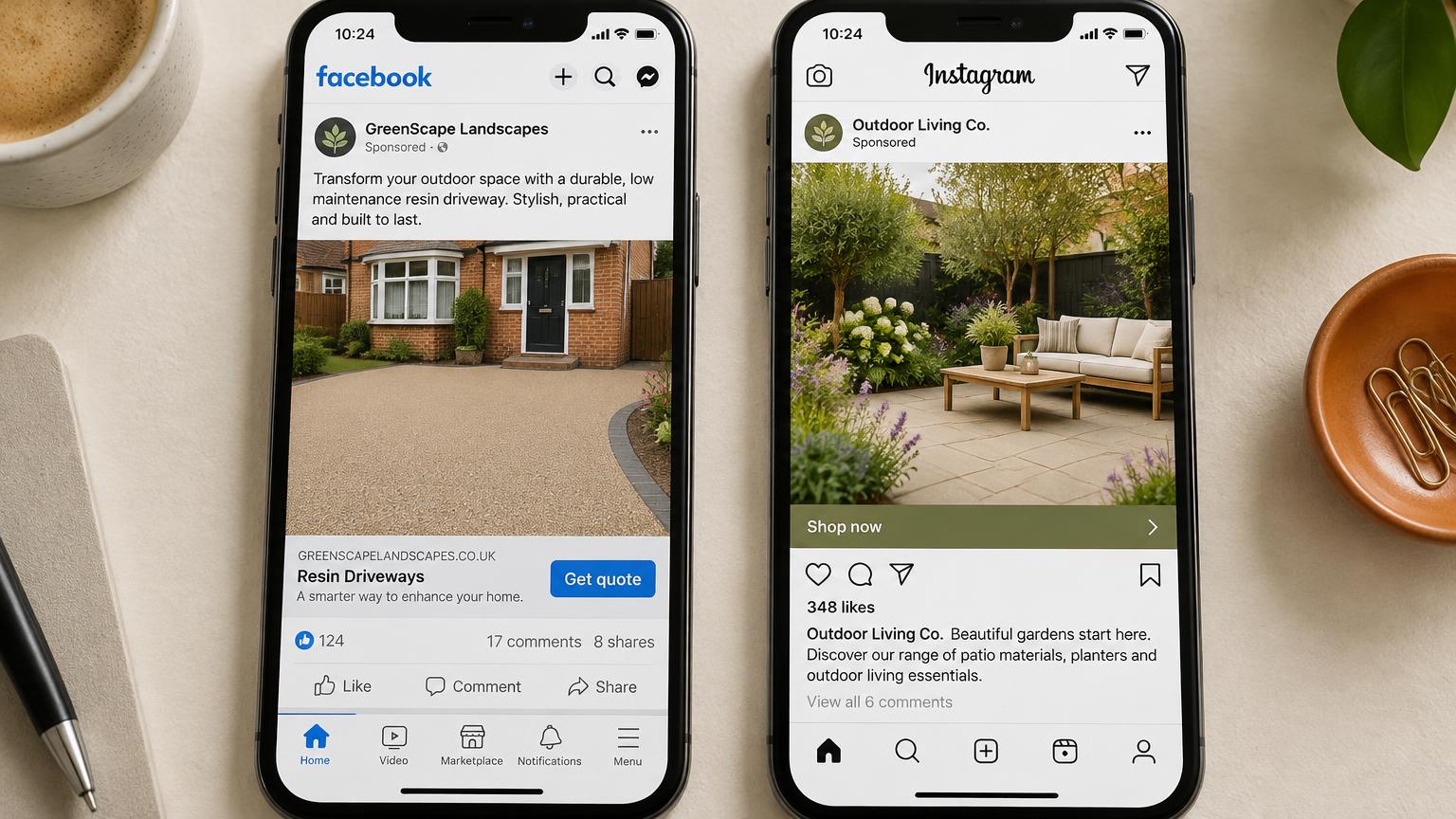 Example Facebook and Instagram sponsored ads on two phones